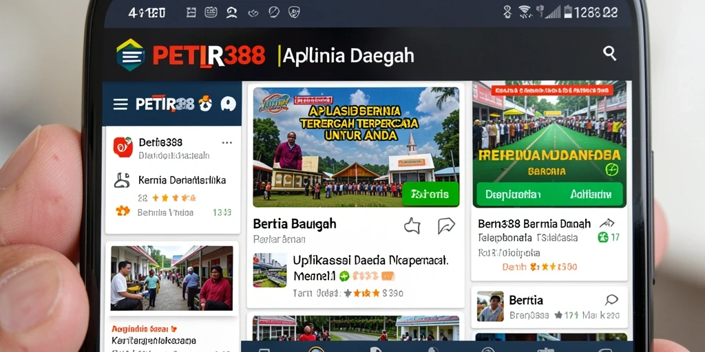 Antarmuka aplikasi PETIR388 menampilkan berita daerah terkini dan interaktif.